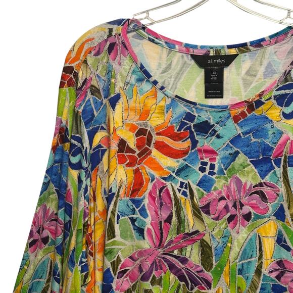Ali Miles NEW Floral Stained Glass Tee Womens Size 3X Colorful Artsy Knit Top - Picture 3 of 13